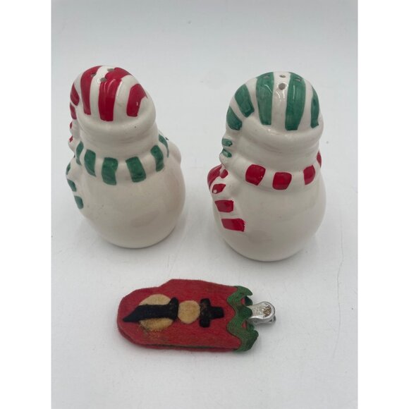 Snowman Ceramic Salt & Pepper Shakers With Christmas Felt Ornament - Red & Green - Picture 4 of 9